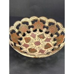 Brass Highly Decorated Inside & Out Painted Enamel Bowl/dish W/scalloped Edge